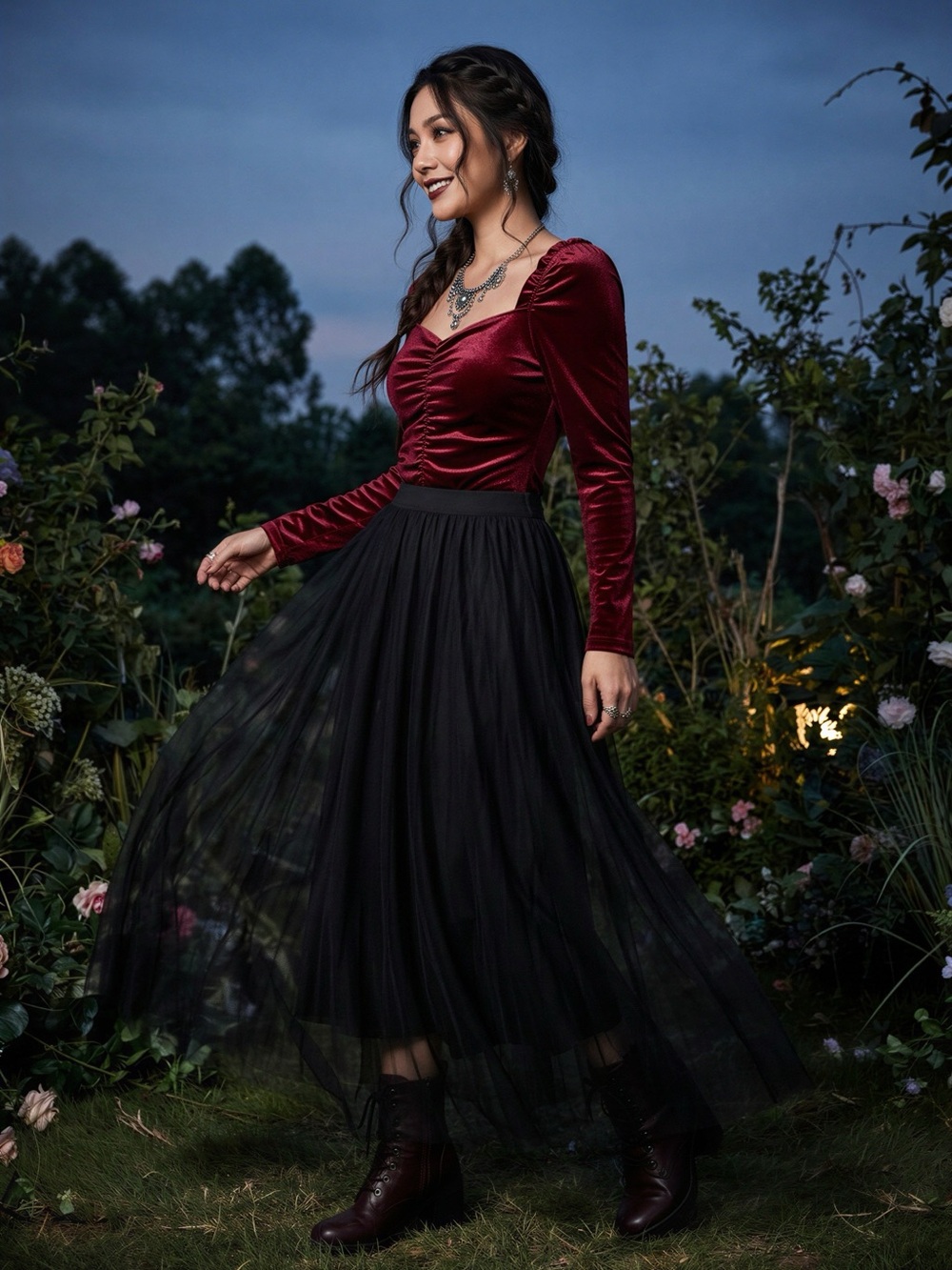 Ruched Burgundy Velvet Long-Sleeve Bodysuit